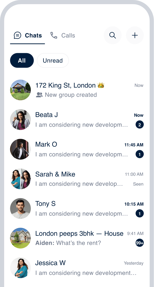 Revun app chat inbox with property group chats and unread counts