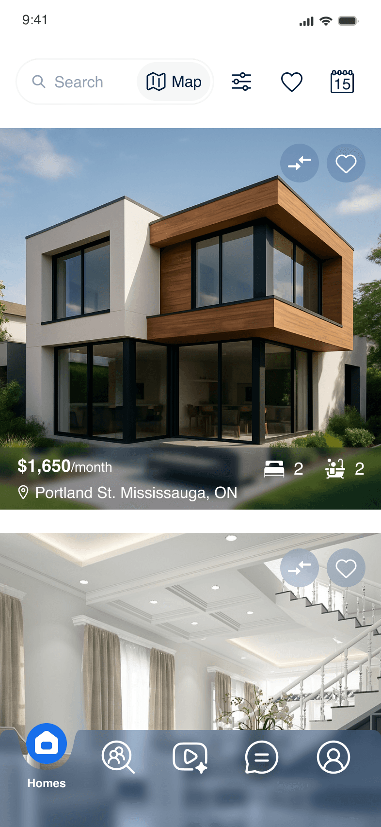 The Revun app showing rental listings with price, beds, baths, and location