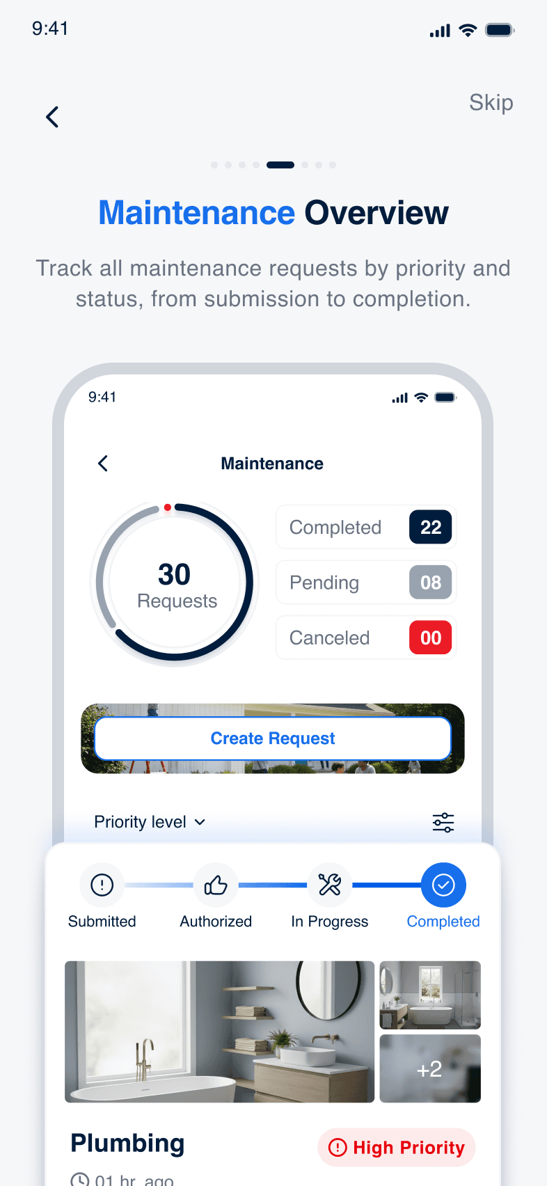 Revun maintenance overview showing 30 requests with priority levels