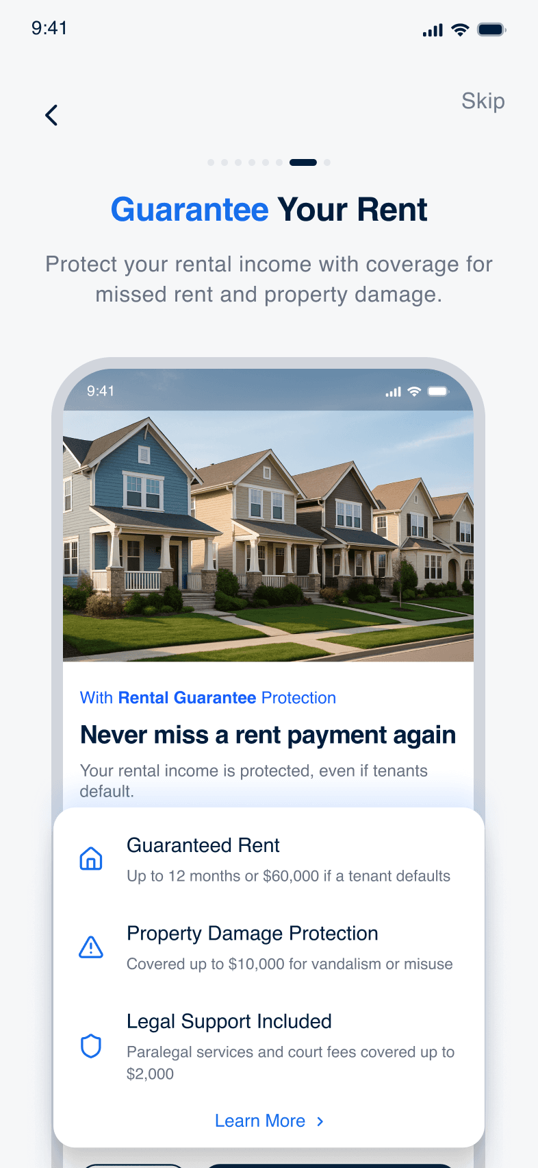 Revun rent guarantee screen showing coverage details and $60K protection